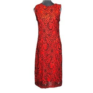 Sharagano vivid vampy red and black lace sheath style midi length dress